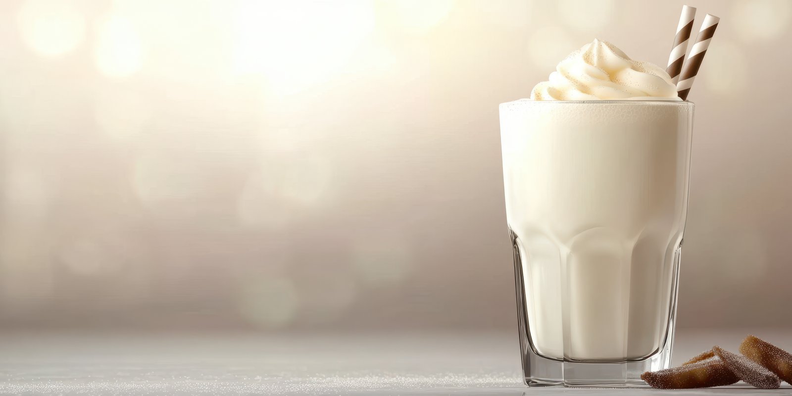 Delicious creamy milkshake served in a tall glass with whipped cream and chocolate straws at a cozy cafe setting